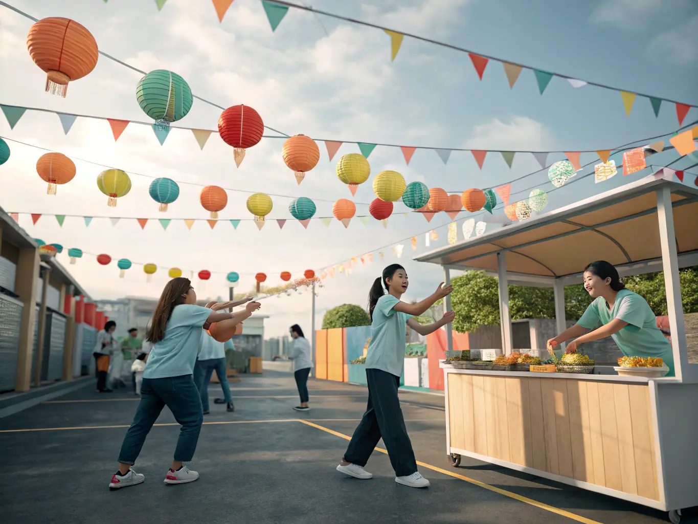 A group of volunteers happily setting up decorations for a local festival, showcasing community involvement and teamwork.