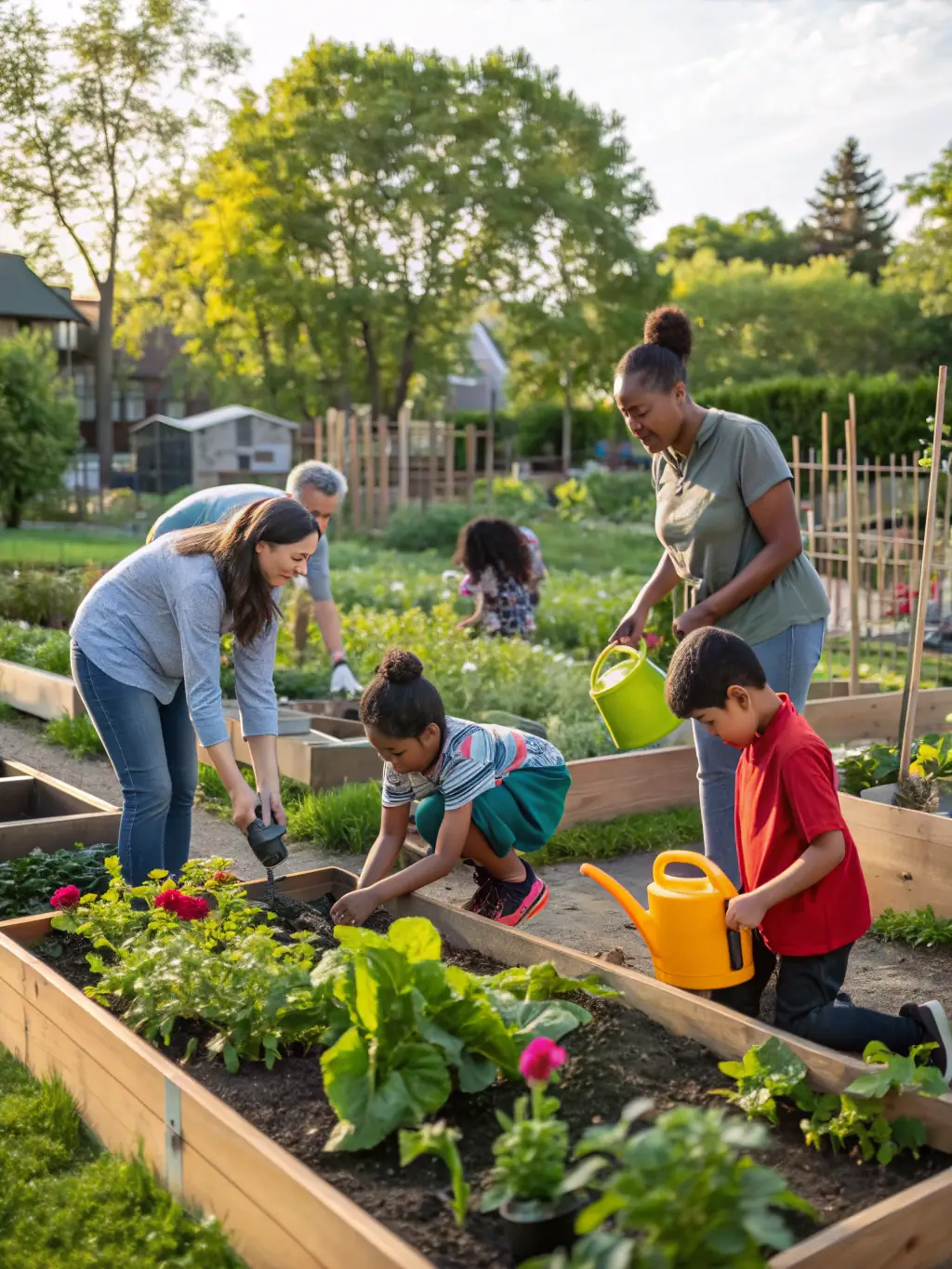 A photograph capturing a group of local residents collaborating on a community garden project, showcasing the organization's support for local initiatives and community engagement.