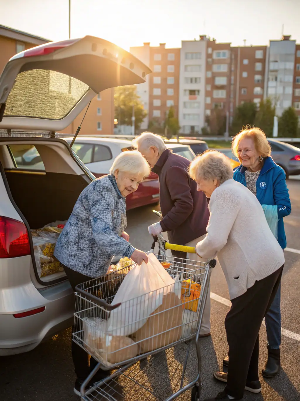 A photograph showcasing volunteers from COMITE DES FETES assisting elderly residents with transportation to a community event, highlighting the organization's commitment to inclusivity.
