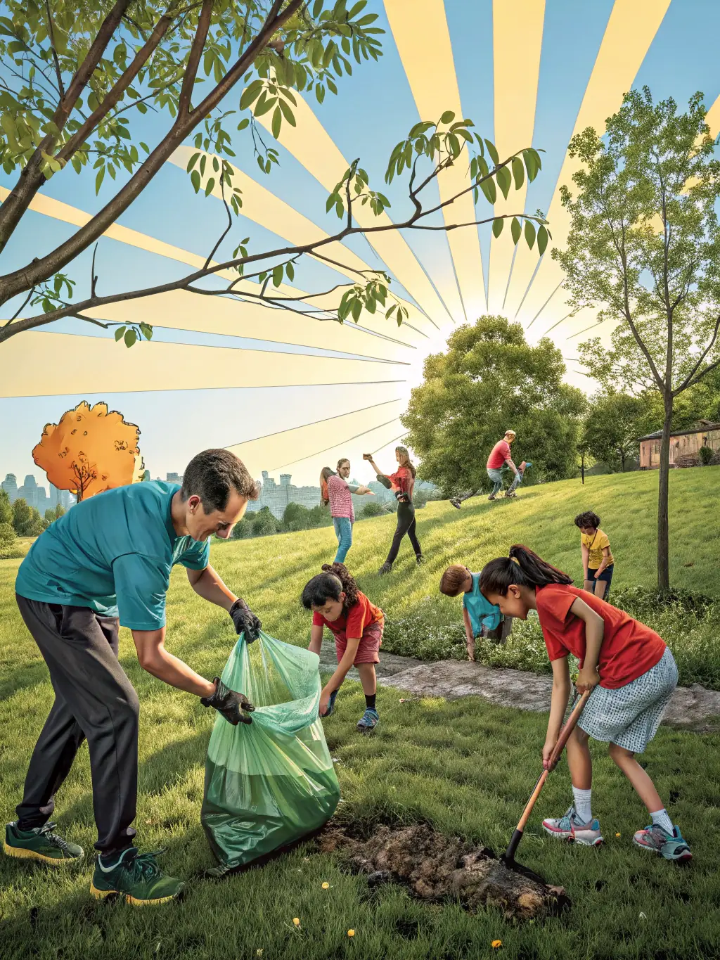 A joyful image of a community cleanup event, with volunteers of all ages working together to beautify the local park, demonstrating collective responsibility and environmental stewardship.