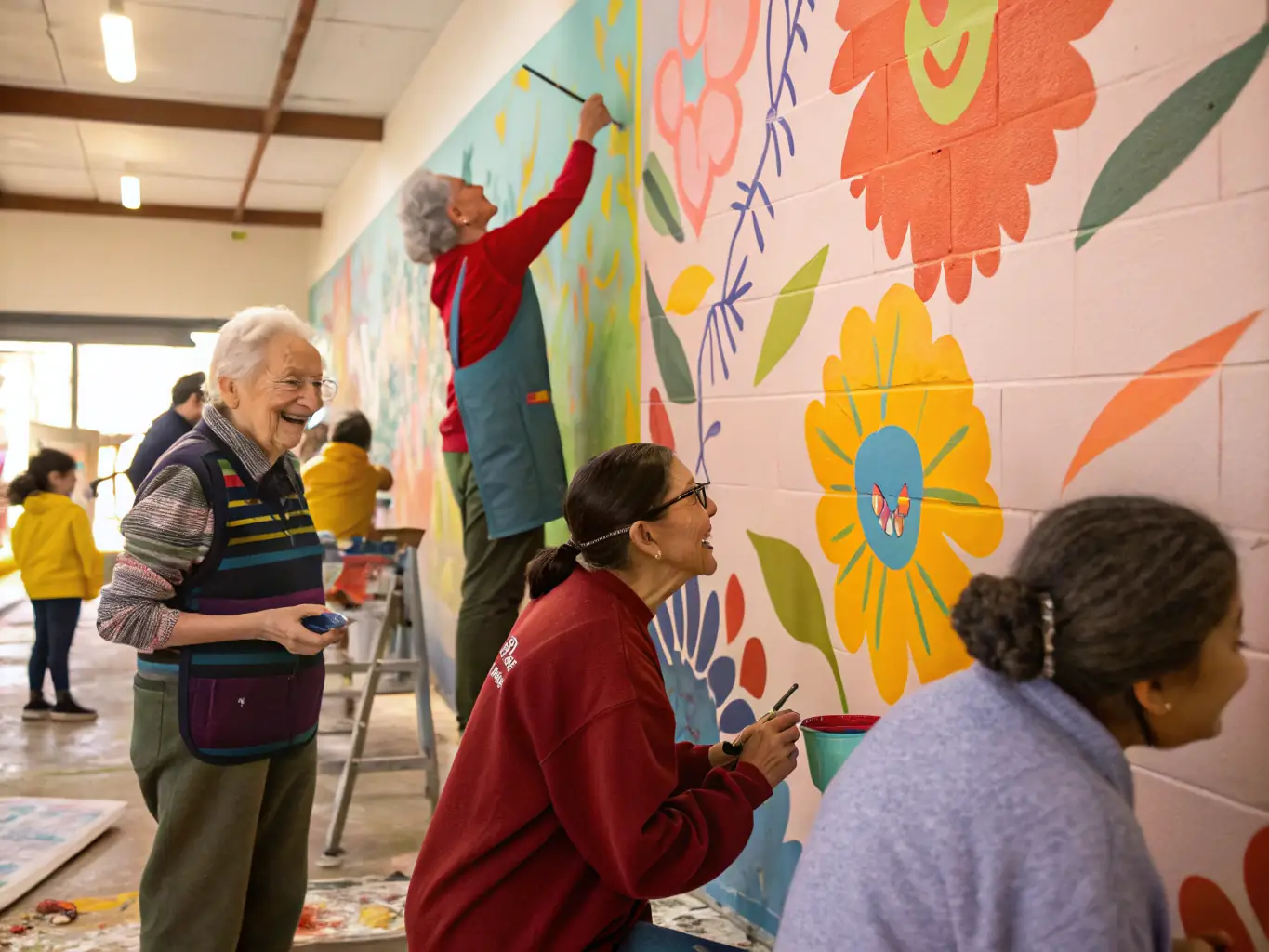 An image showing an intergenerational event organized by COMITE DES FETES, featuring children and seniors participating in a collaborative art project, with smiles and laughter filling the scene.