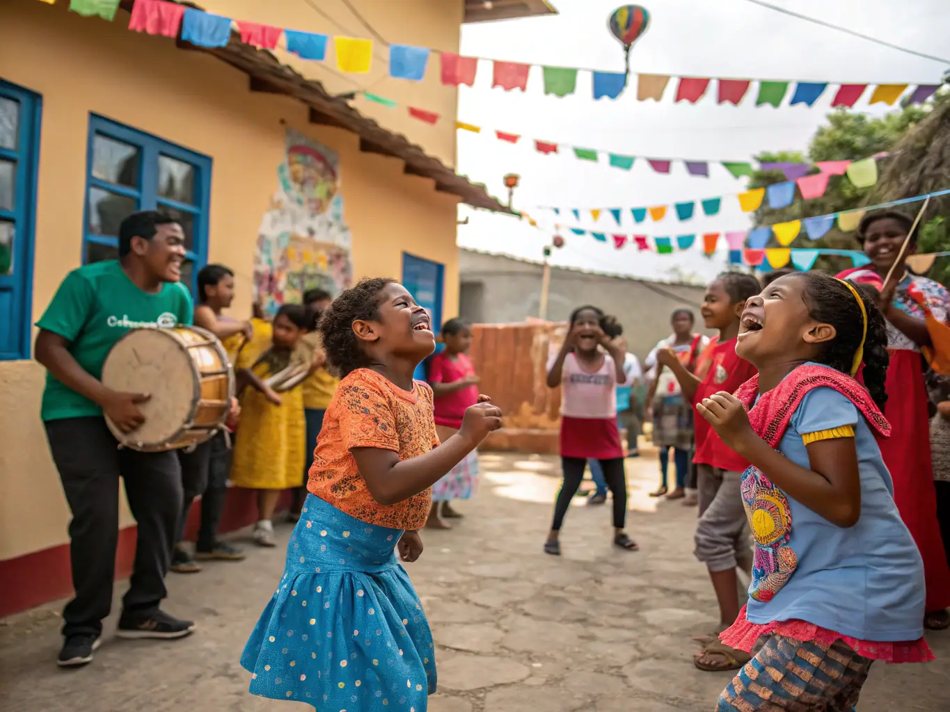 A photograph capturing a festive celebration organized by COMITE DES FETES, with colorful decorations, joyful participants, and a sense of community spirit.