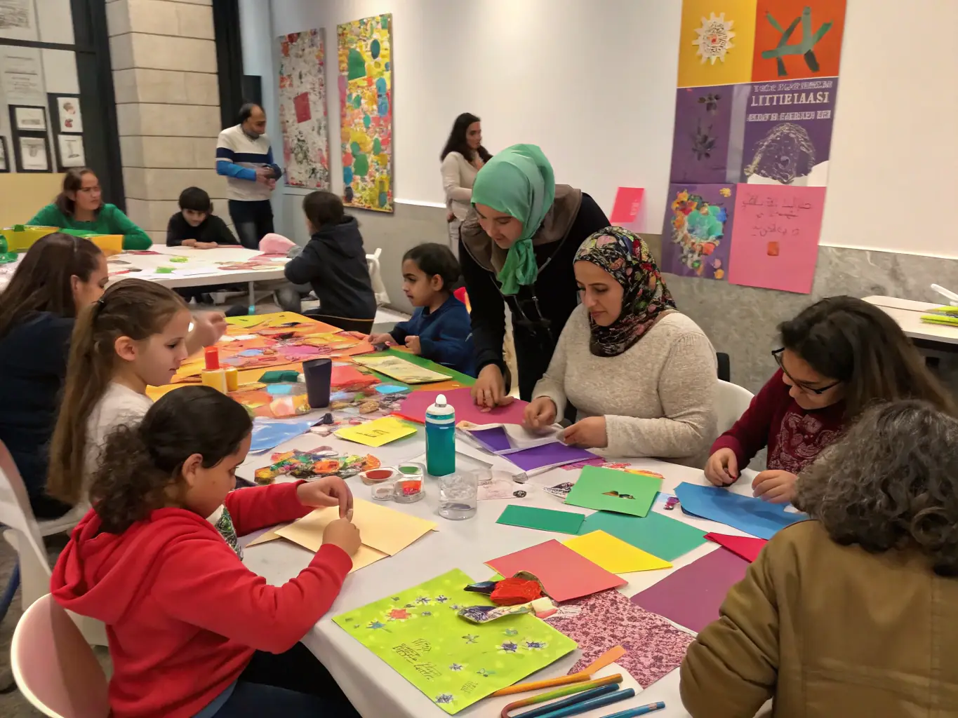 A photograph capturing a community workshop organized by COMITE DES FETES, where participants are learning a traditional craft or skill, highlighting the organization's efforts to promote local traditions and creativity.