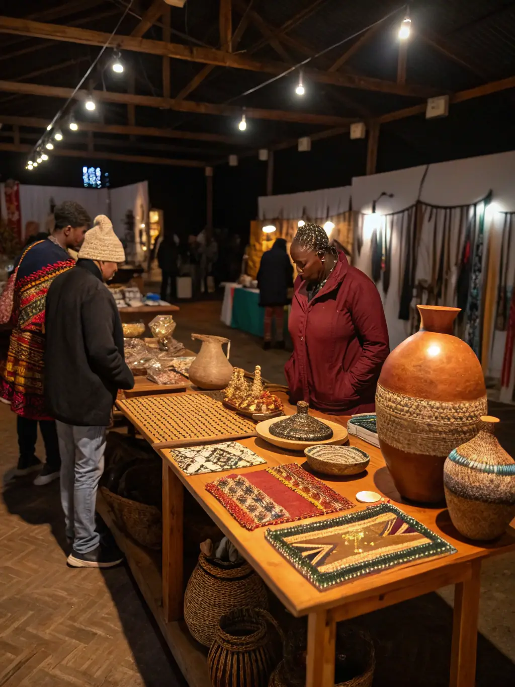 An engaging image of a cultural exhibition, showcasing local artists and artisans displaying their creations, promoting creativity and supporting the local economy.