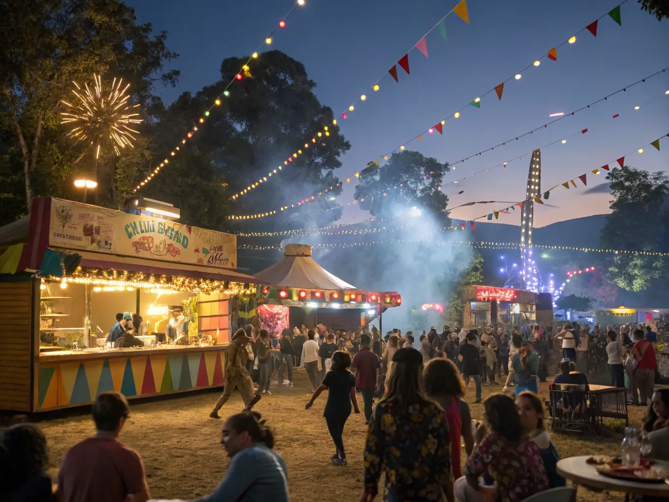 A vibrant image depicting a lively cultural festival organized by COMITE DES FETES, showcasing traditional music, dance, and food stalls, with people of all ages participating and enjoying the festivities.